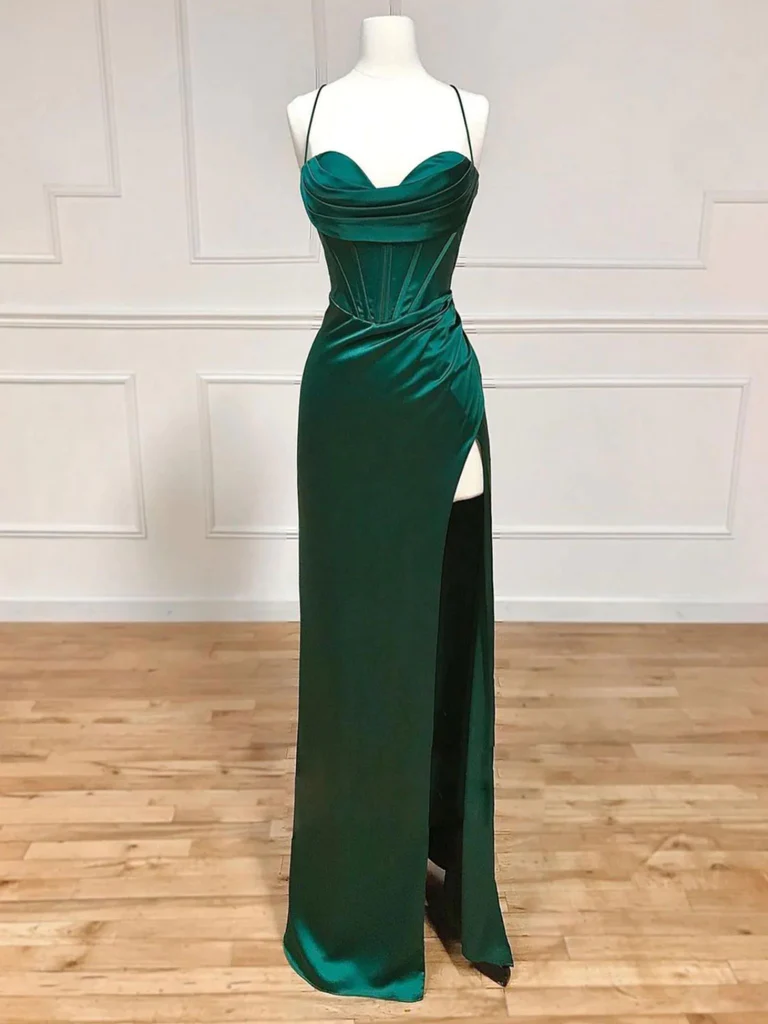 Modest Satin Dark Green Mermaid Bridesmaid Dress Straps Wedding Guest Dress