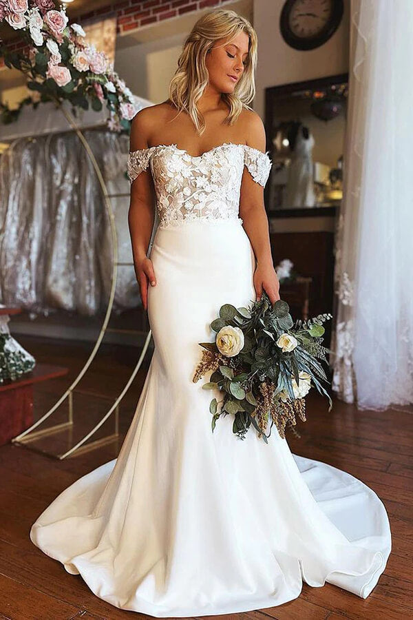 ​Satin Lace Mermaid Off-the-shoulder Wedding Dresses, Wedding Gowns, MW754 | satin wedding dresses | mermaid wedding dresses | lace wedding dresses | www.musebridals.com