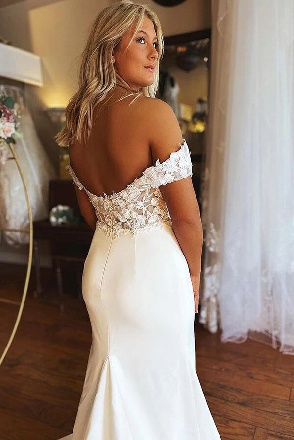 Satin Lace Mermaid Off-the-shoulder Wedding Dresses, Wedding Gowns, MW754 | cheap lace wedding dresses | vintage wedding dresses | bridal gown | musebridals.com​