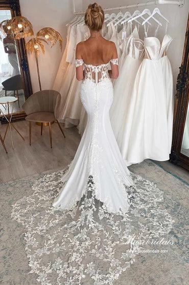 Satin Mermaid Off-the-Shoulder Wedding Dresses With Lace Appliques, MW872 | satin wedding dresses | wedding dress stores | bridal style | musebridals.com