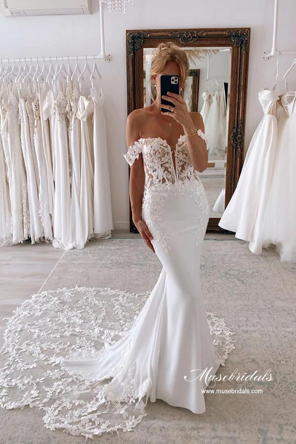 Satin Mermaid Off-the-Shoulder Wedding Dresses With Lace Appliques, MW872 | cheap lace wedding dresses | vintage wedding dress | bridal gown | musebridals.com