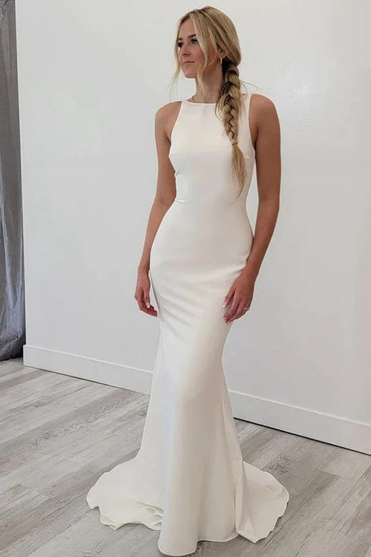 Satin Mermaid Scoop Neck Open Back Wedding Dresses, Bridal Gowns, MW897 | simple wedding dresses | satin wedding dresses | mermaid wedding dress | musebridals.com