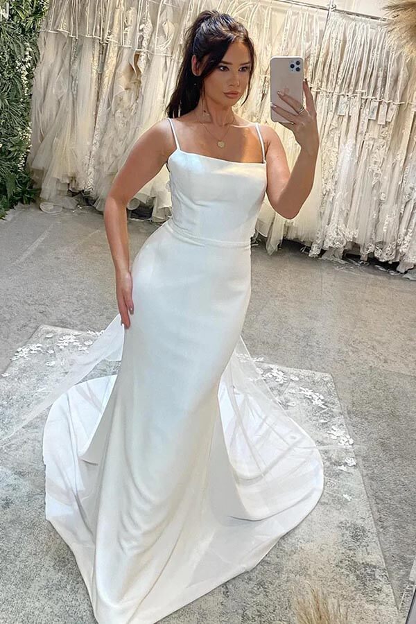 Satin Mermaid Spaghetti Straps Court Train Wedding Dresses, Bridal Gown, MW903 | simple wedding dress | cheap wedding dresses | vintage wedding dress | musebridals.com