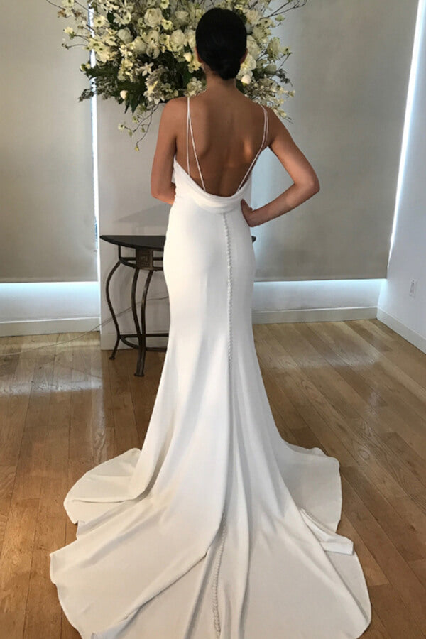 Satin Mermaid Spaghetti Straps V-neck Wedding Dresses with Train, MW670 | mermaid wedding dresses | cheap wedding dress online | satin wedding dresses near me | www.musebridals.com