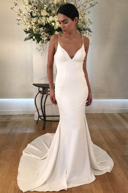 Satin Mermaid Spaghetti Straps V-neck Wedding Dresses with Train, MW670 | satin wedding dresses | cheap wedding dress | bridal gown | www.musebridals.com