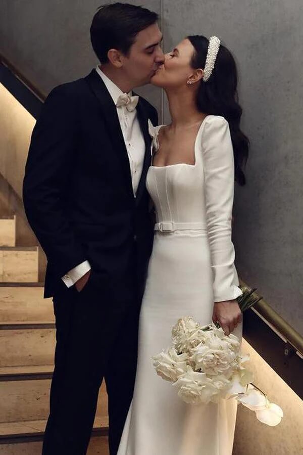 Satin Sheath Long Sleeves Wedding Dresses With Train, Wedding Gowns, MW855 | cheap wedding dresses | bridal outfit | wedding dress online | musebridals.com