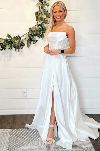 Satin A-line Strapless Simple Wedding Dresses With Slit, Bridal Gown, MW1021 | cheap wedding dress | wedding gown | wedding dress near me | musebridals.com