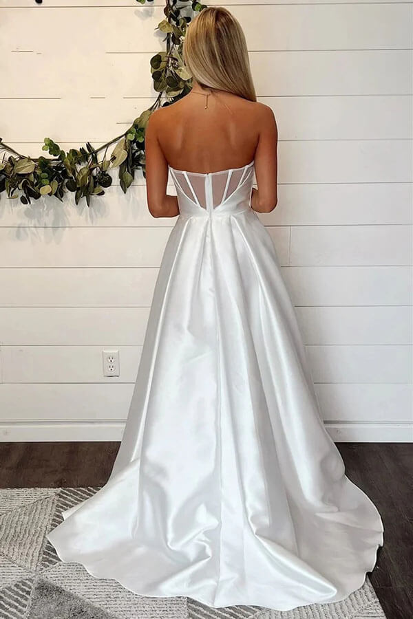 Satin A-line Strapless Simple Wedding Dresses With Slit, Bridal Gown, MW1021 | backless wedding dress | vintage wedding dress | wedding dress stores | musebridals.com