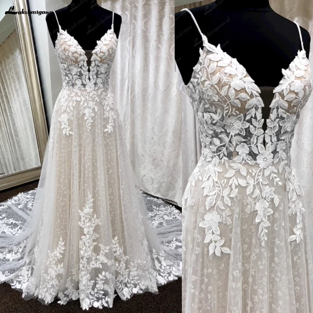 Roycebridal Deep V Neck Lace Floral Wedding Dress for Women 2024 Bridal Gown Champagne Backless Spaghetti Straps abito da sposa