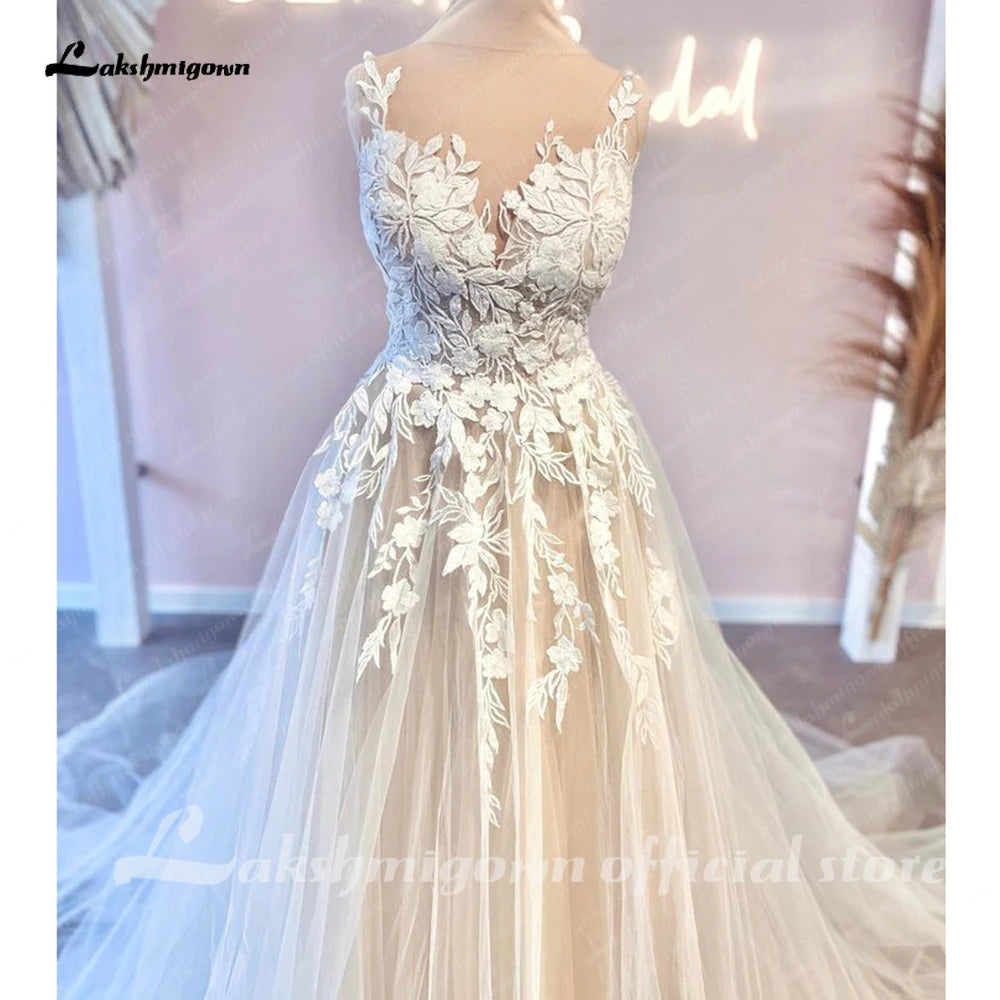 Roycebridal Princess Floral Lace Wedding Dresses For Women Champagne Civil Boho Wedding Gowns Vestido De Novia Court Train