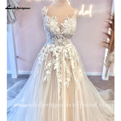 Roycebridal Princess Floral Lace Wedding Dresses For Women Champagne Civil Boho Wedding Gowns Vestido De Novia Court Train