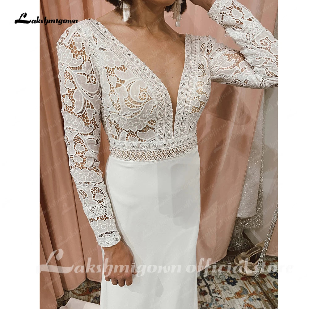 Roycebridal Lace Long Sleeve Crepe Wedding Dresses 2025 Robe Satin Plus Size Mermaid Bridal Gowns Hochzeit