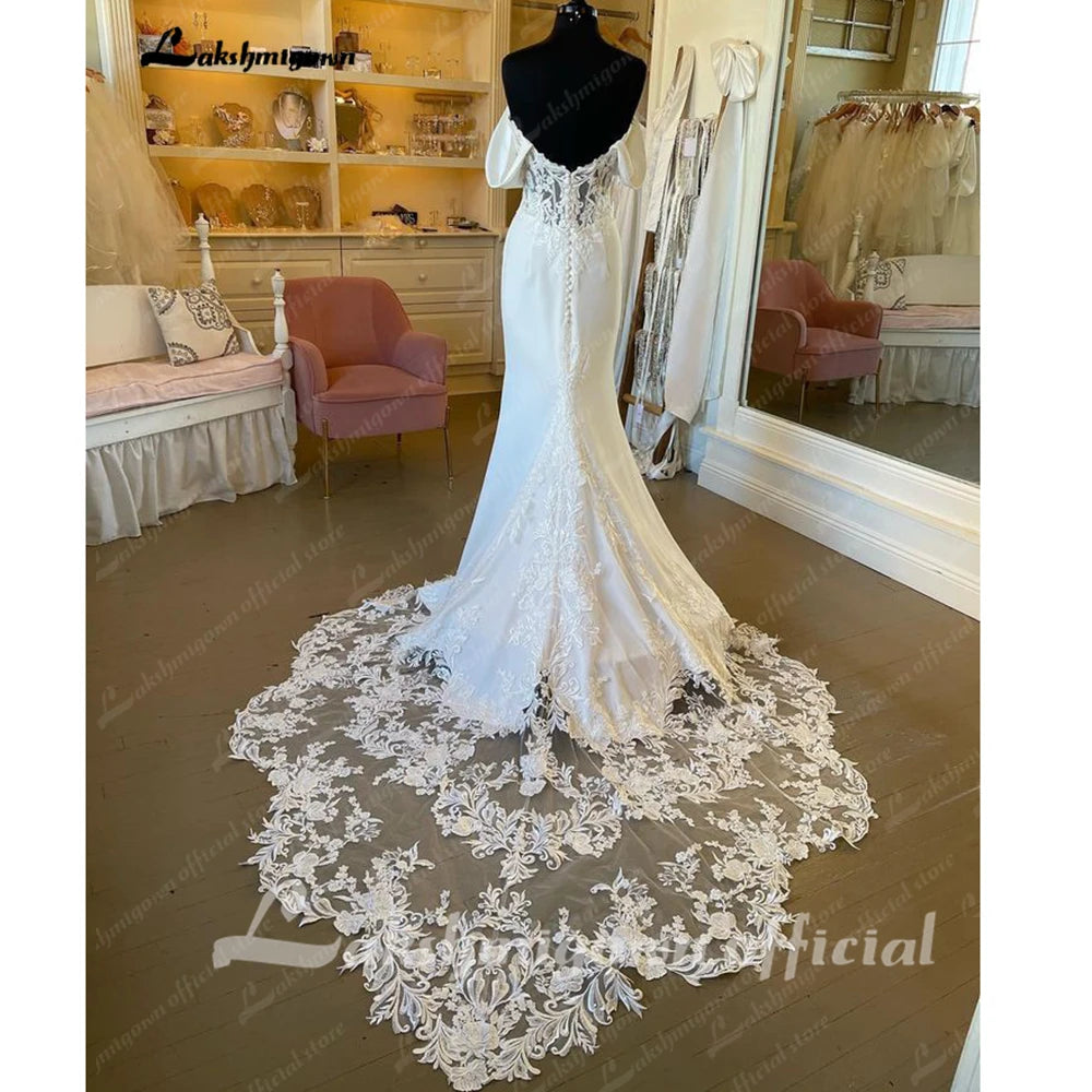 Roycebridal Vintage Lace Off the Shoulder Crepe Women Birdal Mermaid Wedding Gowns 2025 Wedding Dress Sleevess vestido de festa