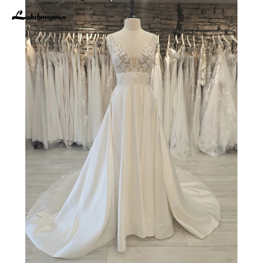 Romantic V Neck Lace A Line Wedding Gown for Bride 2024 Satin Open Back Women Wedding Dress vestido de fiesta de boda