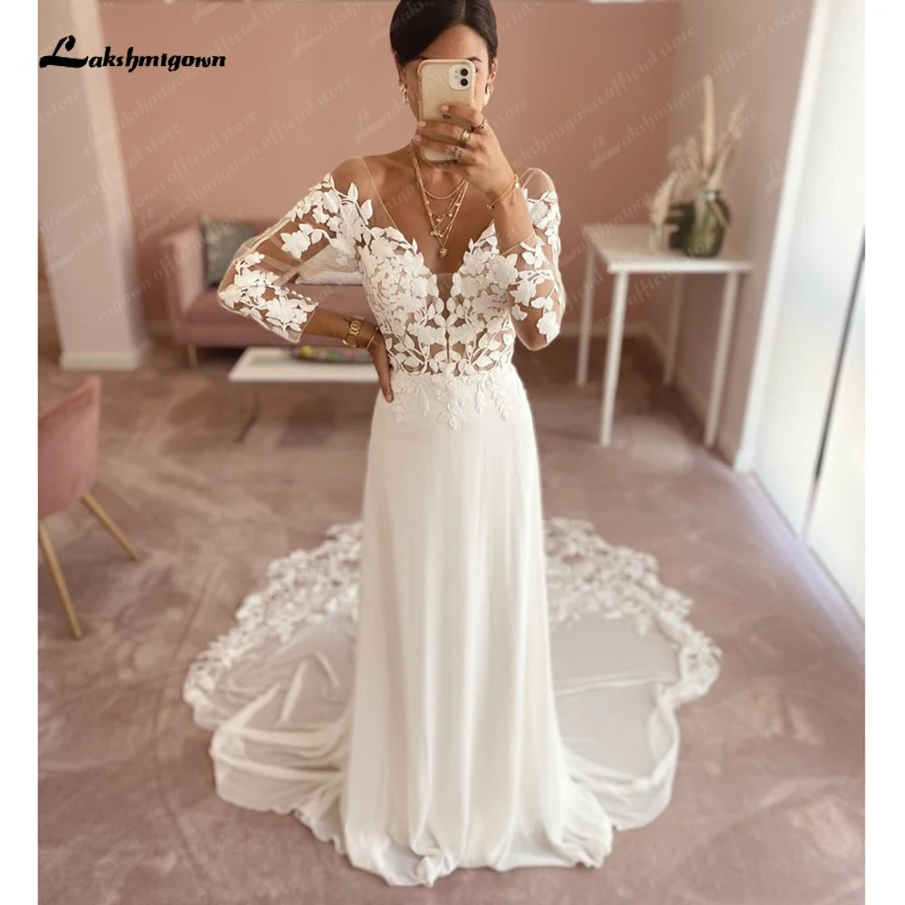 Roycebridal Lace Chiffon Backless Wedding Dress for Women 2025 Long Sleeves Beach Bridal Gown Court Train  vestidos para mujer