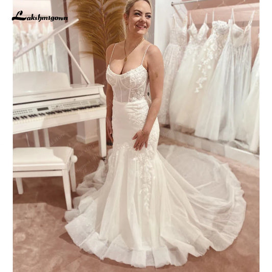 Lakshmigown Spaghetti Straps Lace Wedding Dress Vestidos Civil Mermaid Boho Bridal Gowns Sweep Train 2023  vestidos para mujer