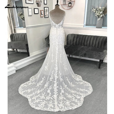 Roycebridal Lace Mermaid Wedding Gowns for Women 2025 Plunging Sexy Bridal Boho Wedding Dresses Cut Out Court Train