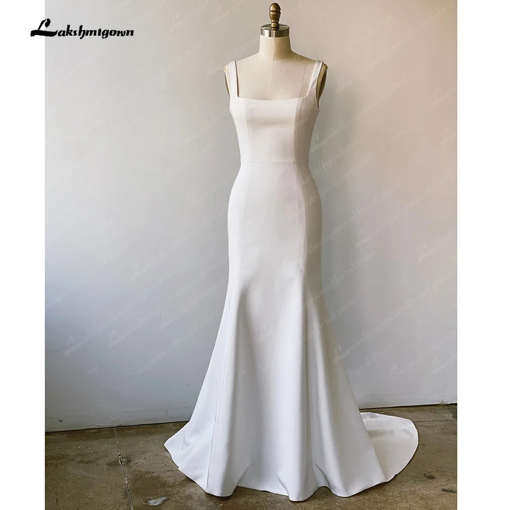 Roycebridal Stretchy Crepe Scoop Neck Wedding Dress Backless Draped Trailing Stretch Satin Spaghetti Straps Bridal Gowns