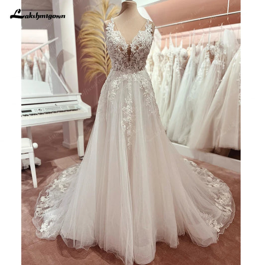 Roycebridal Boho Wedding Dress Tulle V-Neck Long Beach Wedding Dresses Vestidos De Novia Open Back Champagne Wedding Dress