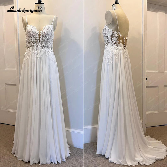 Roycebridal Lace Appliques Chiffon Open Back V-neck Spaghetti Straps Beach Wedding Dress A Line 2025 Vestido Novia