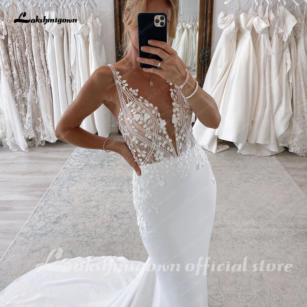 Roycebridal Deep V Crepe Mermaid Wedding Dresses Lace Appliques Vestido Novia Boda Civil Mermaid Wedding Gowns