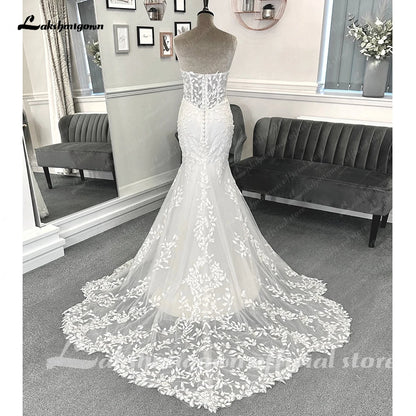 Roycebridal Luxury Lace Appliques Mermaid Wedding Dress with Detachable Sleeves Boho Trumpet Women Civil Bridal  Wedding Gowns