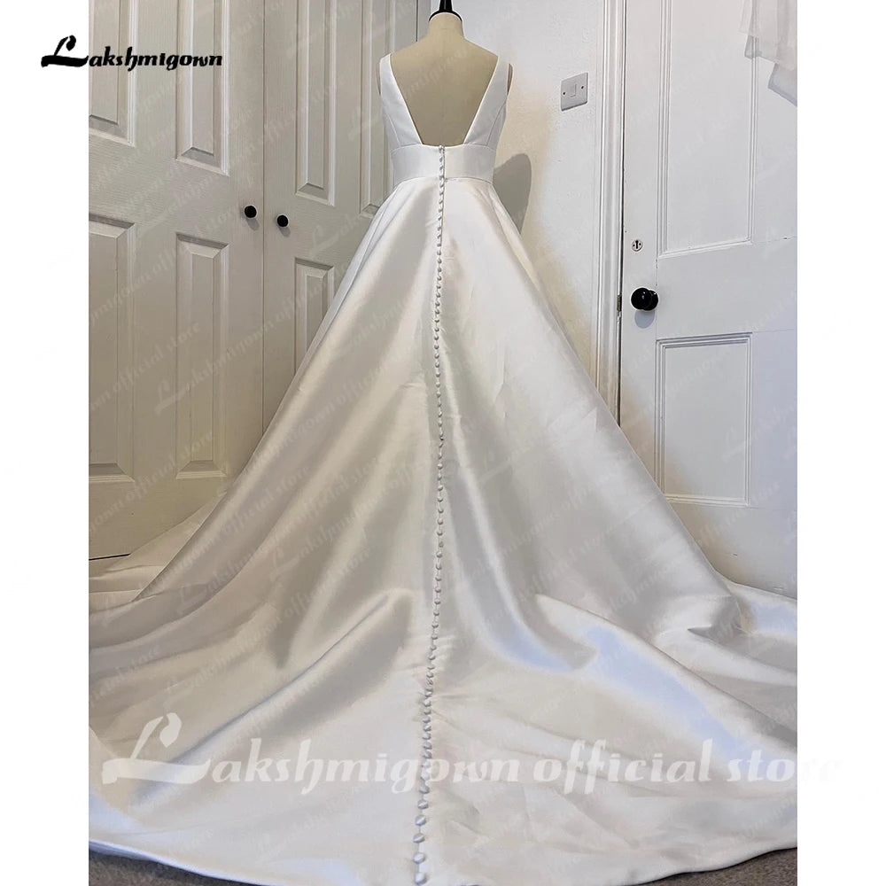 Roycebridal V Neck Women Satin Wedding Dress 2025 Hochzeit Plunging V Neck Vestidos Civil Bridal Gowns Open Back