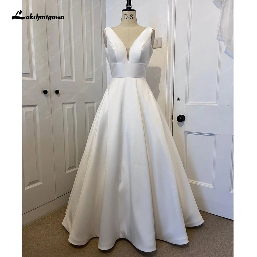 Roycebridal V Neck Women Satin Wedding Dress 2025 Hochzeit Plunging V Neck Vestidos Civil Bridal Gowns Open Back