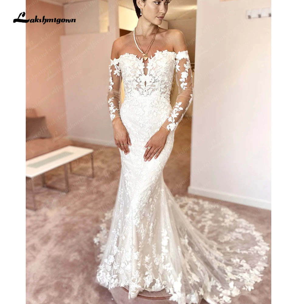 Roycebridal Long Sleeves Mermaid Boho Wedding Dress 2025 Off Shoulder Court Train Bridal Gowns vestidos para mujer