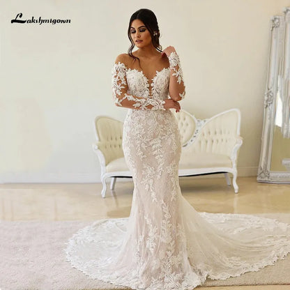 Roycebridal Boho Illusion Bodice Lace Mermaid Wedding Dress Long Sleeve Sheer Neck Appliques Bridal Gown vestidos de novia robe