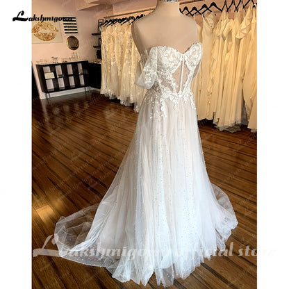 Lakshmigow Boho Wedding Gowns Champagne Off the Shoulder Vintage Lace Pearls Beaded Beach Bridal Dresses Vestido de novia