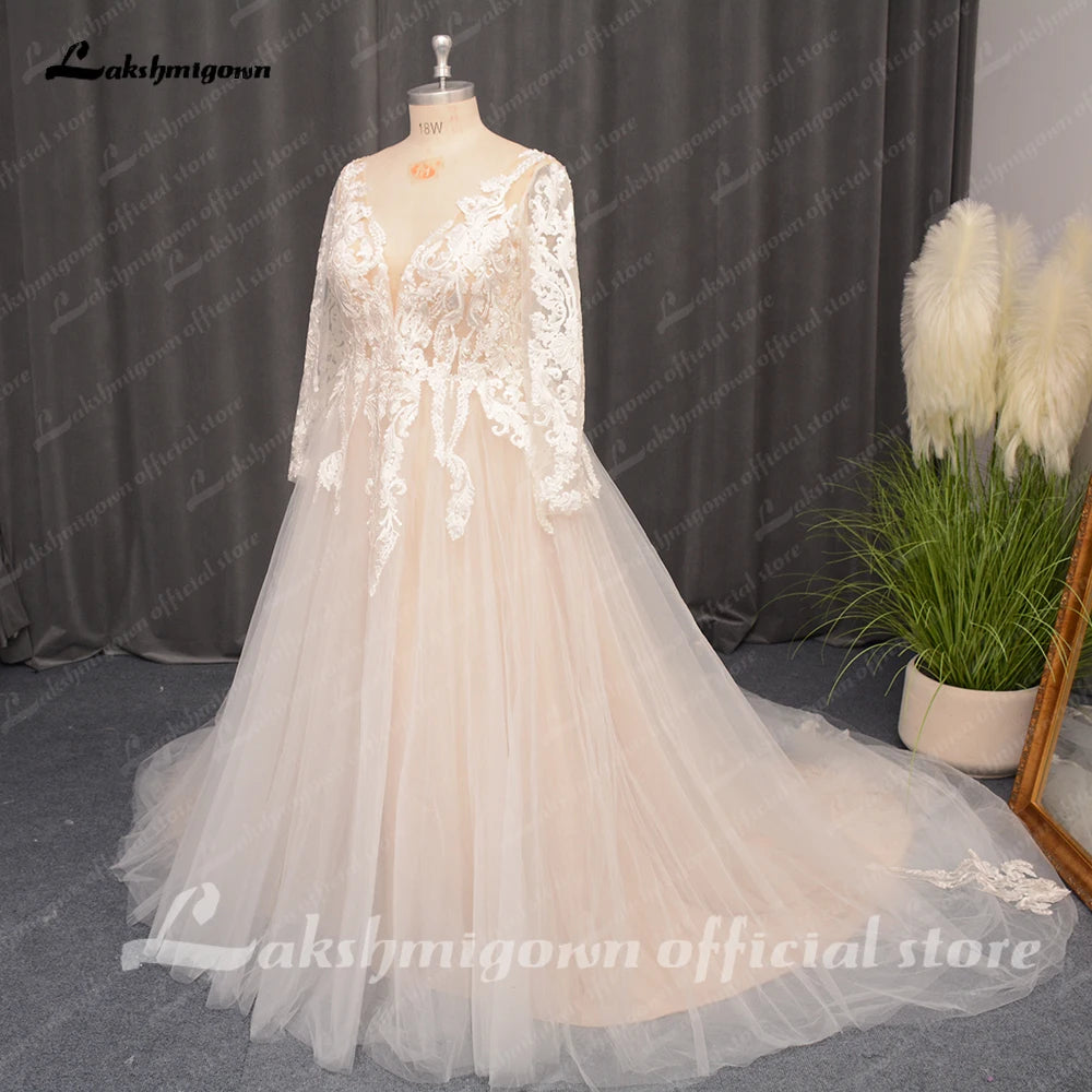 Roycebridal Plus Size Lace Long Sleeves Wedding Dress for Women V Neckline  Robe Mariage Civil Bridal Gown Brautkleid