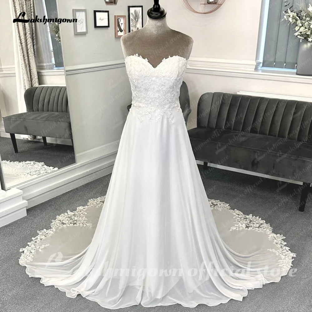 Roycebridal Lace Appliques Boho Chiffon Wedding Dress with Detachable Sleeves Beach Women Civil Bridal  Wedding Gowns