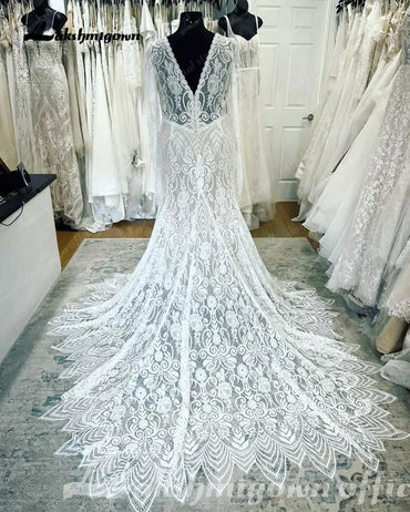 Roycebridal Plunging V Neck Long Sleeves Lace Mermaid Wedding Gowns 2025 Robes Sexy Bridal Boho Beach Wedding Dress Backless