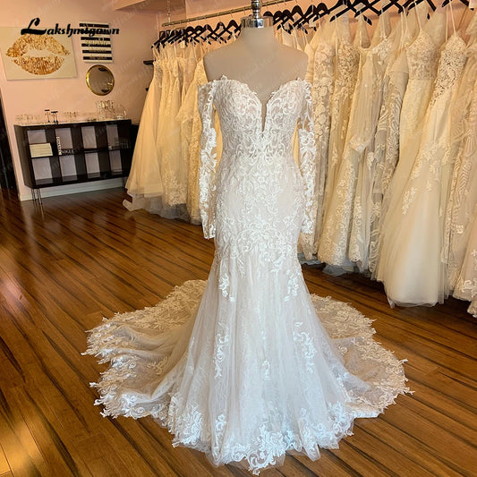 Roycebridal Boat Neck Long Sleeves Wedding Dress Full Lace Chapel Train Bridal Gown Elegant Bridal Wedding Gowns Open Back