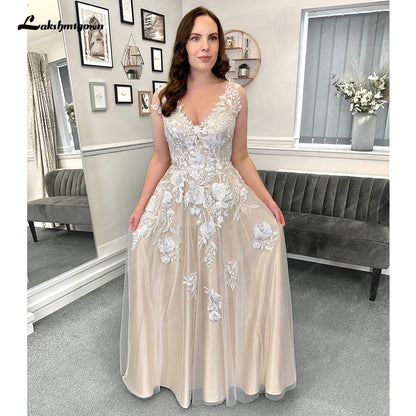 Roycebridal Champagne Beach Formal Wedding Dresses Sweep Train Sleeveless Lace With Appliques 2025 Bridal Gowns