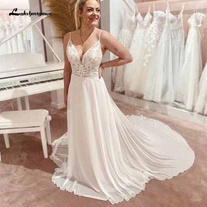 Roycebridal Off White Lace Chiffon A-Line Boho Wedding Dress 2024 V Neck Elegant Beach Bridal Gowns vestidos para mujer