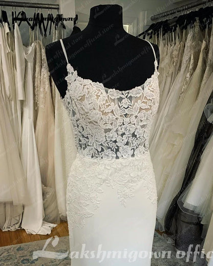 Roycebridal Sexy Crepe Mermaid Wedding Gowns 2025 Robe Boheme Spaghetti Straps Cut Out Train Lace Appliques Boho Bridal Dress