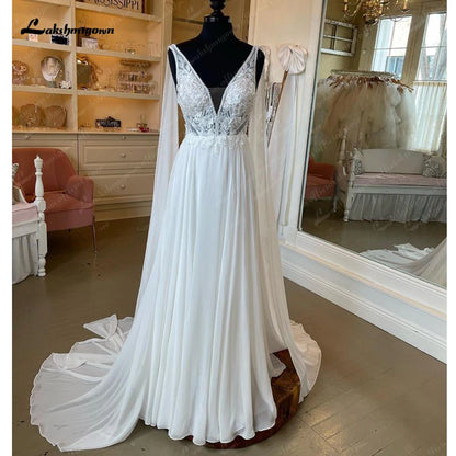 Roycebridal V Neck Lace Beach A Line Wedding Dresses Vestidos De Noiva 2025 Sexy Chiffon Long Boho Bridal Gowns Backless