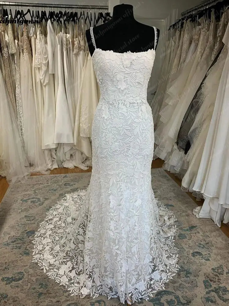 Roycebridal Lace Mermaid Wedding Dress Scoop Neck Lace Applique Spaghetti Straps Bridal Gown Court Train Civil Robe De Mariée