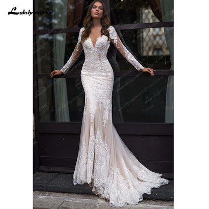 Roycebridal Long Sleeves Mermaid Wedding Dress Champagne Lace Appliques Boho Bridal Gown  vestido para boda playa