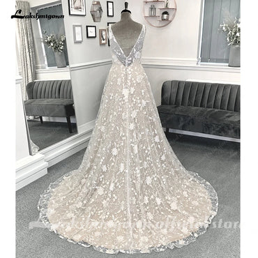 Roycebridal Vintage Champagne Full Lace Boho Wedding Dress 2025 Vestidos Noivas V Neck Sexy Bridal Wedding Gowns Open Back