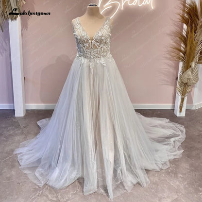 Roycebridal Lace Beads Champagne V Neck Wedding Dress for Women 2025 Bridal Gown Cutsom Made Court Train  vestidos para mujer