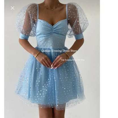 Qunque Sky Blue Star Tulle Homecoming Dresses Cap Sleeves Above Knee Illusion Cocktail Dresses Vestidos De Novia Party Dress