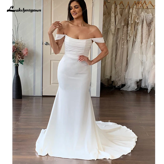 Roycebridal Simple Pleat Mermaid Wedding Dresses 2025 Boat Neck Backless Boho Bridal Gown off white vestido de boda