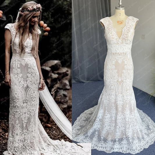 Roycebridal Roycebridal Boho Lace Behemian Mermaid Wedding Dress Robe Civil Country Bridal Gowns Sexy Backless Lace robe mariage femme