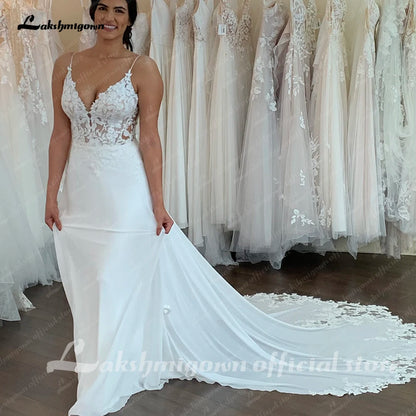 Roycebridal Ivory Lace Appliques Chiffon Floor-Length A-Line Wedding Dresses Chapel Train Custom Made V-Neck Bridal Gown