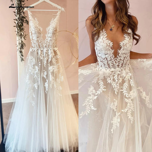 Sexy A-Line Backless Wedding Dress 2024 Vintage Lace Applique Beaded Off White Tulle Wedding Gowns Trouwjurk Long Bridal Dress