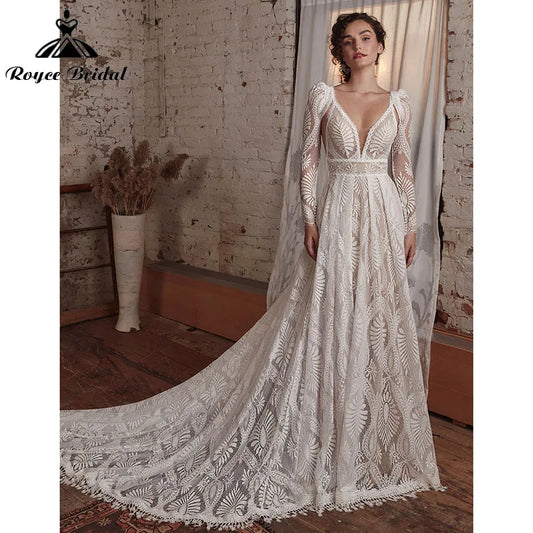 Sexy Bohemian Boho Wedding Dress with Detachable Long Sleeve A Line Beach Deep V Neck Lace Backless Spaghetti Straps Bridal Gown