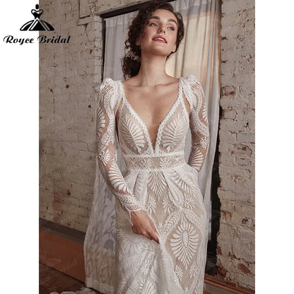 Sexy Bohemian Boho Wedding Dress with Detachable Long Sleeve A Line Beach Deep V Neck Lace Backless Spaghetti Straps Bridal Gown